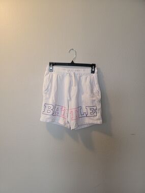 White 'BATTLE' Graphic Drawstring Shorts